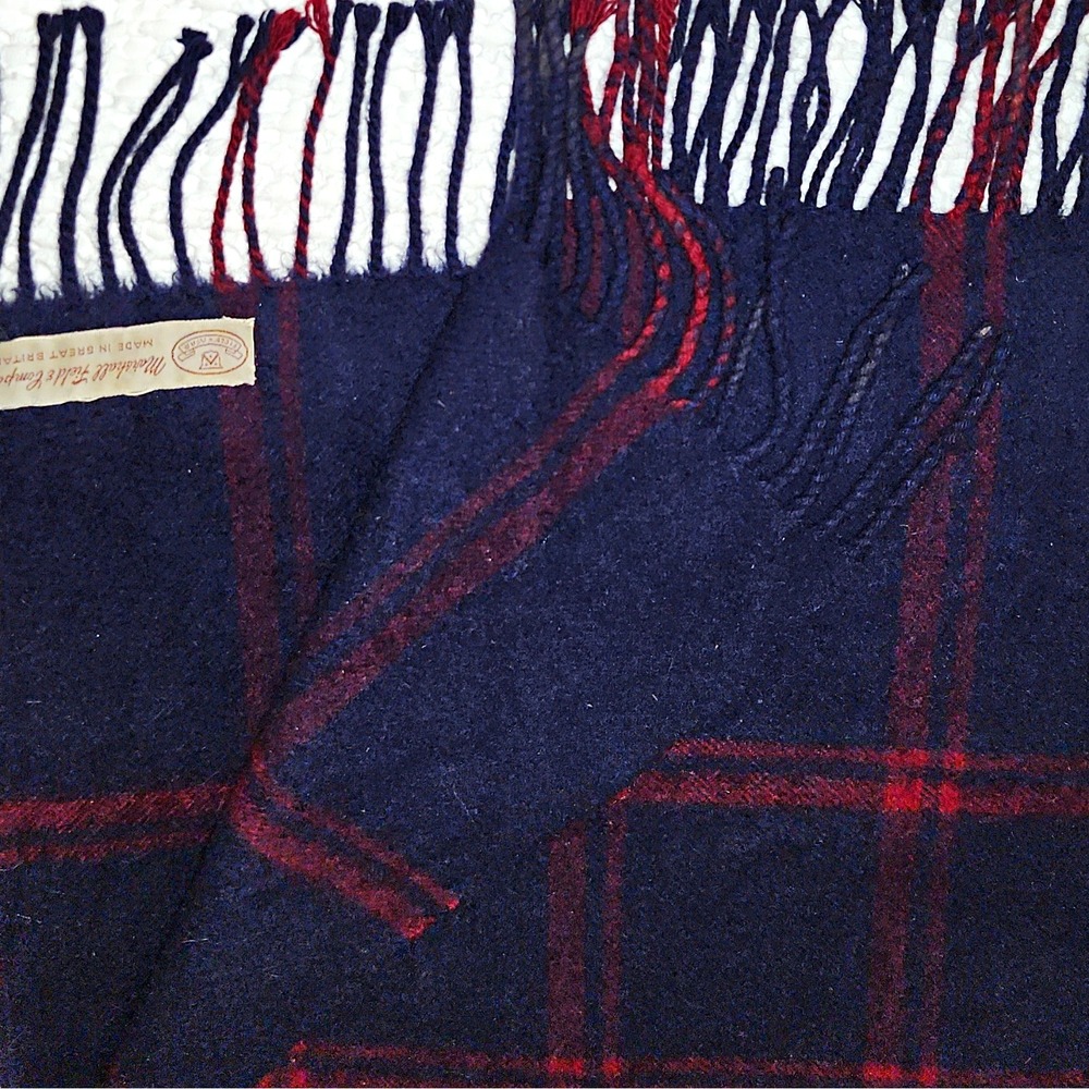Vintage Marshall Field & Company Navy/Red Plaid Fringe Scarf Great Britain w